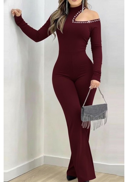 Kadın Tek Omuzdan Açık Balıkçı Yaka Taş Detaylı Uzun Ithal Krep Tulum