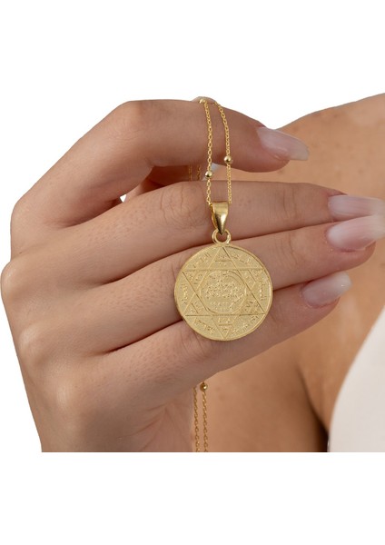 925 Ayar Gümüş Kolye Altın Yaldızlı Top Top Zincirli Hz. Süleyman Mührü Kolye SGTL13136GOLD
