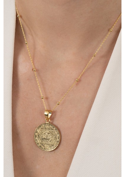 925 Ayar Gümüş Kolye Altın Yaldızlı Top Top Zincirli Hz. Süleyman Mührü Kolye SGTL13136GOLD fiyatları