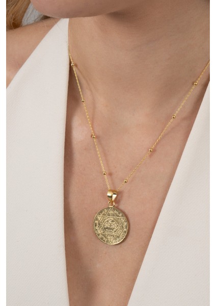 925 Ayar Gümüş Kolye Altın Yaldızlı Top Top Zincirli Hz. Süleyman Mührü Kolye SGTL13136GOLD modelleri