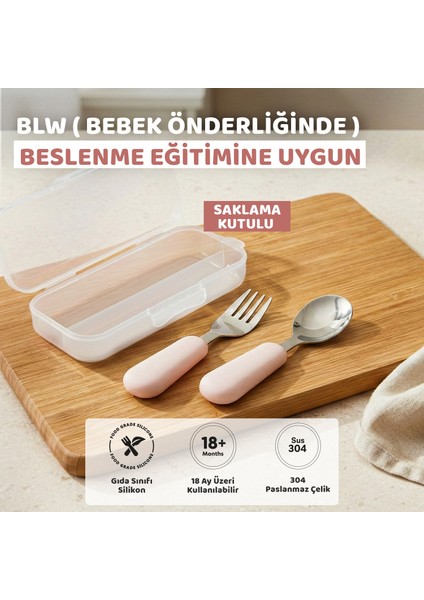 Silikon Saplı Paslanmaz Çelik Çatal Kaşık Seti, 18+ Ay, Pembe