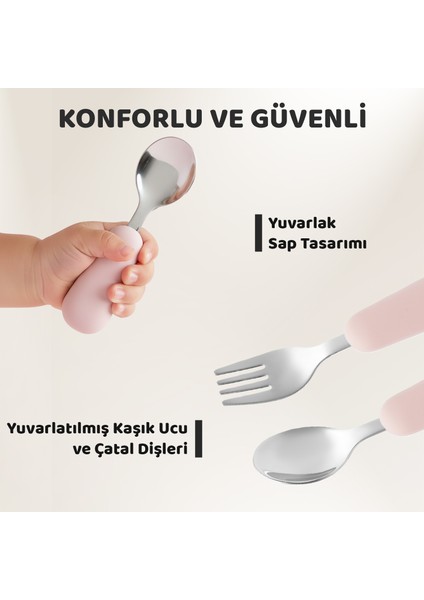 Silikon Saplı Paslanmaz Çelik Çatal Kaşık Seti, 18+ Ay, Pembe fiyatları