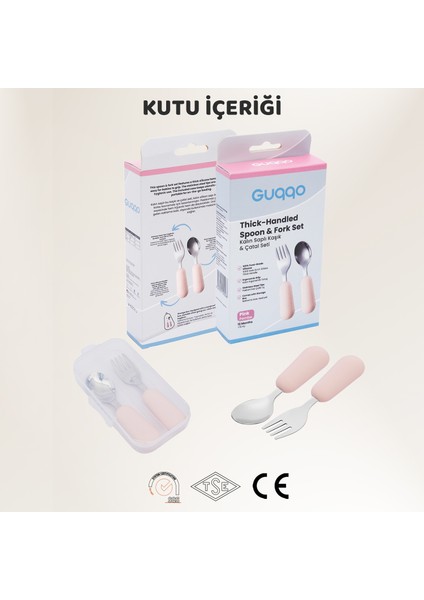 Silikon Saplı Paslanmaz Çelik Çatal Kaşık Seti, 18+ Ay, Pembe