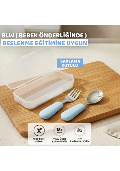 Silikon Saplı Paslanmaz Çelik Çatal Kaşık Seti, 18+ Ay, Mavi