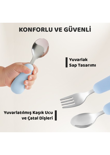 Silikon Saplı Paslanmaz Çelik Çatal Kaşık Seti, 18+ Ay, Mavi fiyatları