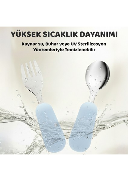 Silikon Saplı Paslanmaz Çelik Çatal Kaşık Seti, 18+ Ay, Mavi fırsatları
