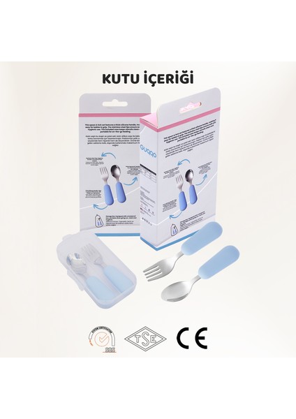 Silikon Saplı Paslanmaz Çelik Çatal Kaşık Seti, 18+ Ay, Mavi