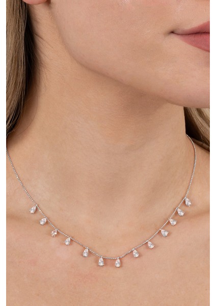 925 Ayar Gümüş Kolye Rodyumlu Zirkon Taşlı Top Zincirli Damlalı Kolye SGTL13146RODAJ