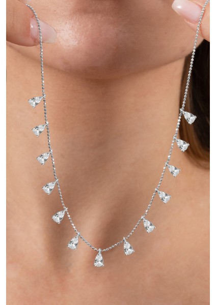 925 Ayar Gümüş Kolye Rodyumlu Zirkon Taşlı Top Zincirli Damlalı Kolye SGTL13146RODAJ fiyatları