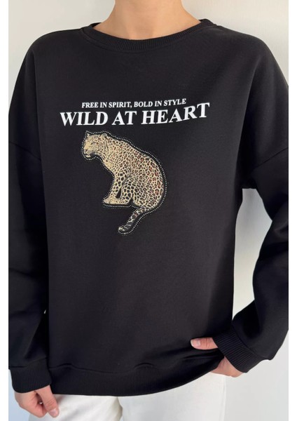 Kadın Bisiklet Yaka Baskılı Şardonlu Sweatshirt P-00019310