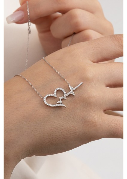 925 Ayar Gümüş Kolye Rodyumlu Zirkon Taşlı Kalbimin Ritmi Kolye SGTL13142RODAJ