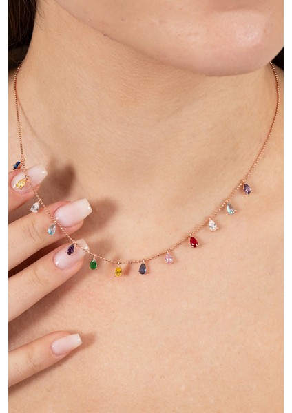 925 Ayar Gümüş Kolye Rose Renkli Zirkon Taşlı Top Zincirli Damlalı Kolye SGTL13146ROSE