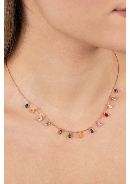 925 Ayar Gümüş Kolye Rose Renkli Zirkon Taşlı Top Zincirli Damlalı Kolye SGTL13146ROSE fiyatları