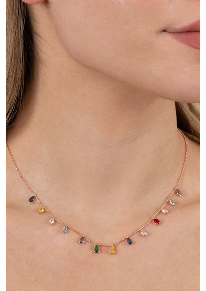 925 Ayar Gümüş Kolye Rose Renkli Zirkon Taşlı Top Zincirli Damlalı Kolye SGTL13146ROSE modelleri