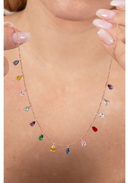 925 Ayar Gümüş Kolye Rose Renkli Zirkon Taşlı Top Zincirli Damlalı Kolye SGTL13146ROSE fırsatları