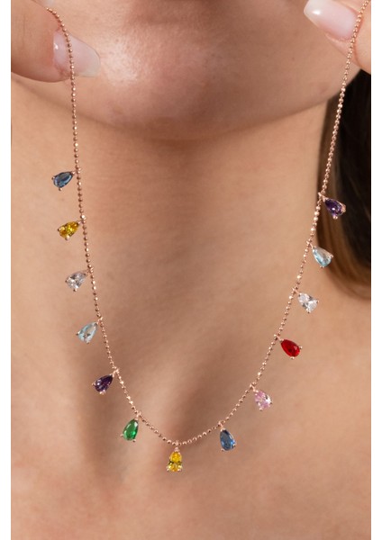 925 Ayar Gümüş Kolye Rose Renkli Zirkon Taşlı Top Zincirli Damlalı Kolye SGTL13146ROSE indirimleri