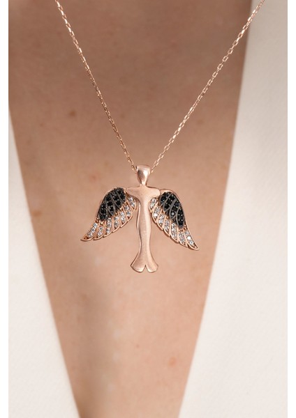 925 Ayar Gümüş Kolye Rose Siyah Taşlı Kanatlı Yükseliş Kolyesi SGTL13144ROSE fırsatları