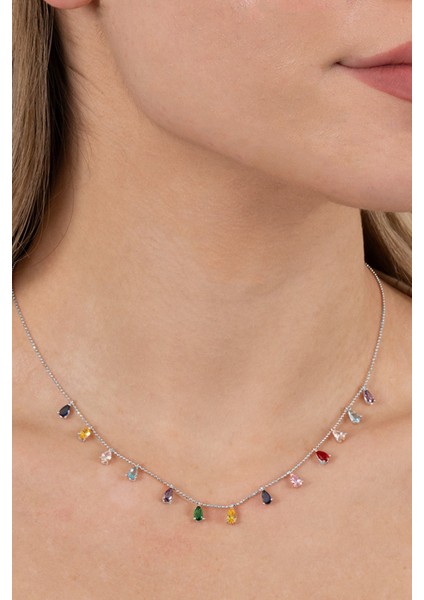 925 Ayar Gümüş Kolye Rodyumlu Renkli Zirkon Taşlı Top Zincirli Damlalı Kolye SGTL13146RENKLI