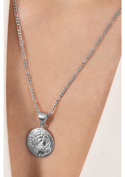 925 Ayar Gümüş Kolye Rodyumlu Figaro Zincirli Antik Para Madalyon Kolye SGTL13135RODAJ