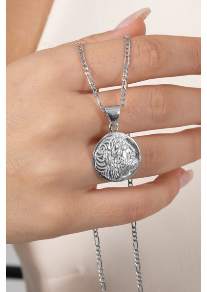 925 Ayar Gümüş Kolye Rodyumlu Figaro Zincirli Antik Para Madalyon Kolye SGTL13135RODAJ fiyatları