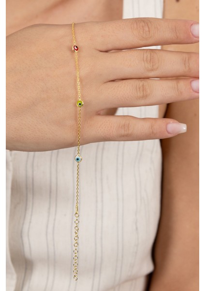 925 Ayar Gümüş Halhal Altın Yaldızlı Nazar Boncuklu Cam Göz Halhal SGTL13179GOLD