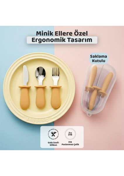 Silikon Saplı Bebek Çelik Çatal Kaşık Bıçak Seti, 316L Çelik, Blw, Saklama Kutulu, Turuncu