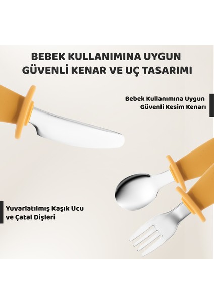 Silikon Saplı Bebek Çelik Çatal Kaşık Bıçak Seti, 316L Çelik, Blw, Saklama Kutulu, Turuncu modelleri
