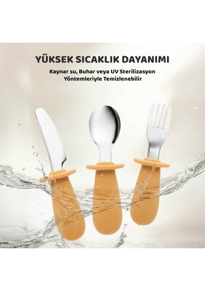 Silikon Saplı Bebek Çelik Çatal Kaşık Bıçak Seti, 316L Çelik, Blw, Saklama Kutulu, Turuncu indirimleri