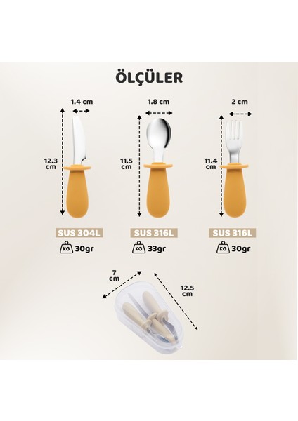 Silikon Saplı Bebek Çelik Çatal Kaşık Bıçak Seti, 316L Çelik, Blw, Saklama Kutulu, Turuncu