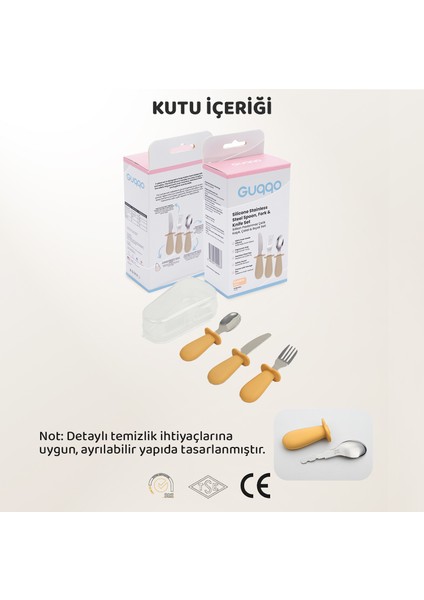Silikon Saplı Bebek Çelik Çatal Kaşık Bıçak Seti, 316L Çelik, Blw, Saklama Kutulu, Turuncu
