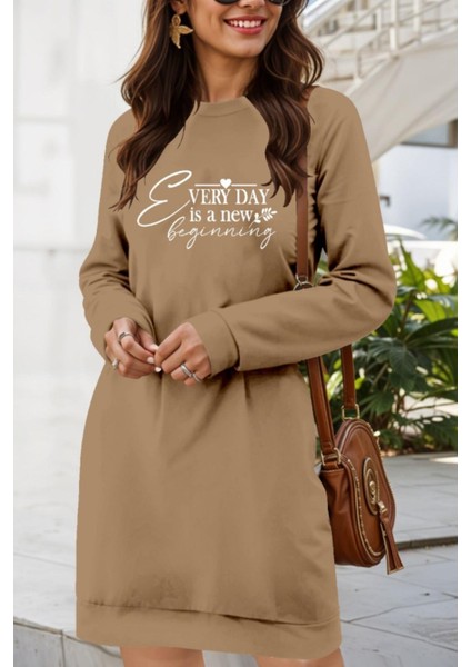 Bisiklet Yaka Iki Iplik Mini Elbise - Bej