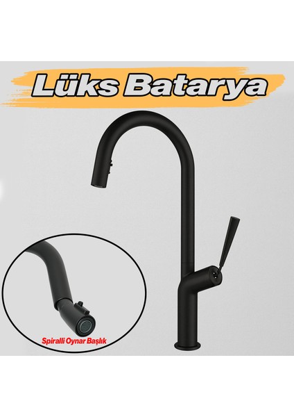 Spiralli Evye Bataryası Siyah 360° Döner Başlıklı Mutfak Lavabo Batarya Su Tasarruflu Modern Tasarım