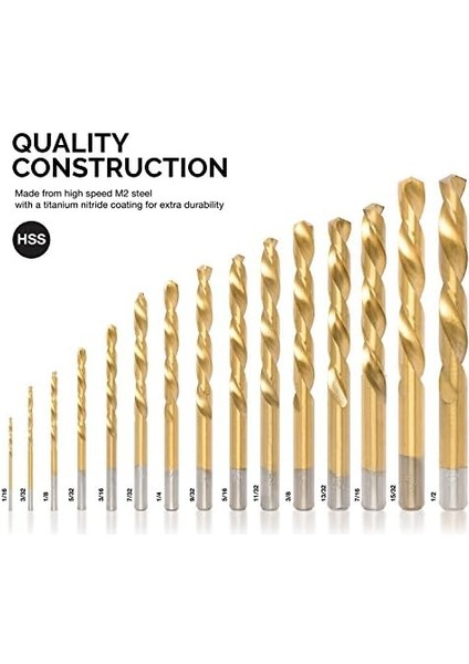 10037 Bir Sol Elle Matkap Seti, 15 Adet | M2 Hss Titan-Nitrid Kaplama | Sae (1/40,6 cm – 1/5,1 Cm)