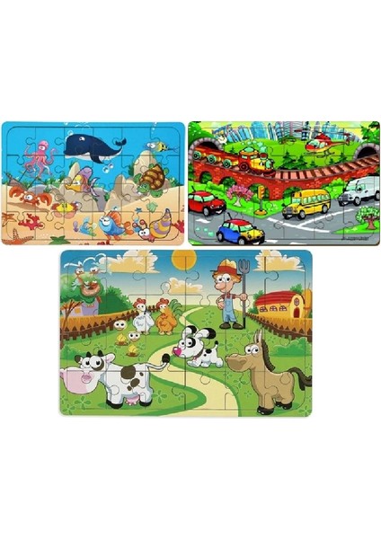 3 Adet Ahşap 24 Parça Eğitici Yapboz Puzzle