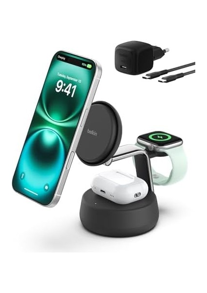Ultracharge Pro Magsafe Uyumlu 3’ü 1 Arada Qi2 25W Kablosuz Şarj Cihazı, 17,, Airpods, Pixelsnap, Seyahat ve Masaüstü Standı, 45W Adaptör, Siyah