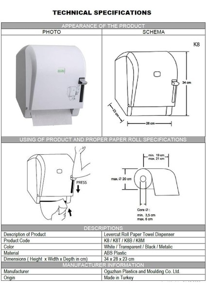Rulo Kağıt Havlu Dispenseri Manuel K8T