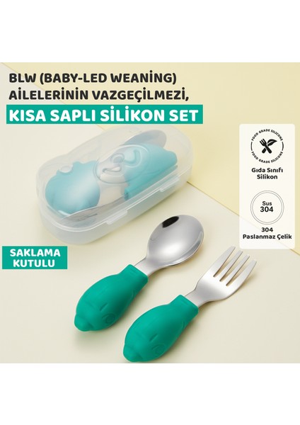 Bebek Silikon Saplı Çelik Kaşık Çatal Seti, Blw, Balık Desen, Taşıma Kutulu, Yeşil