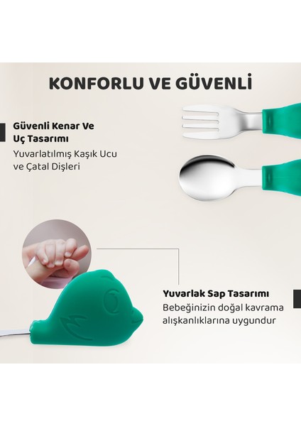 Bebek Silikon Saplı Çelik Kaşık Çatal Seti, Blw, Balık Desen, Taşıma Kutulu, Yeşil fiyatları