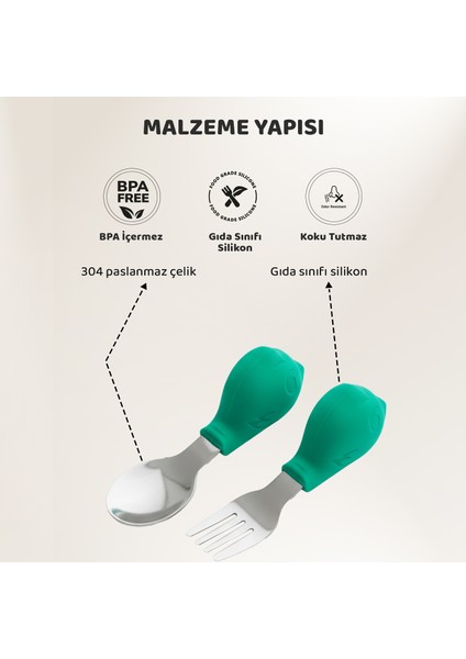 Bebek Silikon Saplı Çelik Kaşık Çatal Seti, Blw, Balık Desen, Taşıma Kutulu, Yeşil modelleri