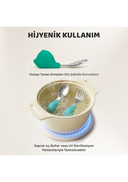 Bebek Silikon Saplı Çelik Kaşık Çatal Seti, Blw, Balık Desen, Taşıma Kutulu, Yeşil fırsatları