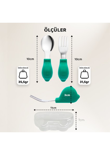 Bebek Silikon Saplı Çelik Kaşık Çatal Seti, Blw, Balık Desen, Taşıma Kutulu, Yeşil indirimleri