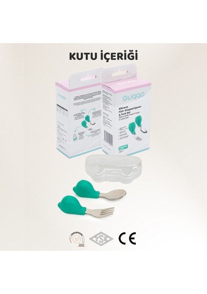 Bebek Silikon Saplı Çelik Kaşık Çatal Seti, Blw, Balık Desen, Taşıma Kutulu, Yeşil