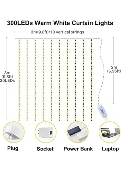Yizhet Işık Perdesi, 3 x 3 M, LED Işık Zinciri, Perde, 8 Modlu, IP65 Su Geçirmez, Iç ve Dış Mekan Dekorasyonu, Düğün, Parti,, Teras Için (300 Led, Sıcak Beyaz) fiyatları