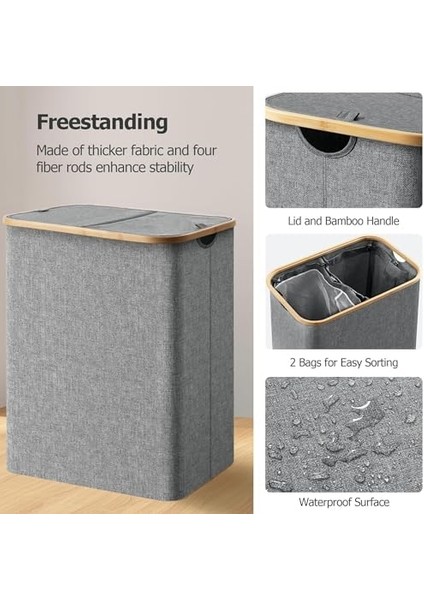 Çift Bölmeli Çamaşır Sepeti, 100L Kapasiteli, Bambu Kenarlı, Su Geçirmez Kumaş, Gri