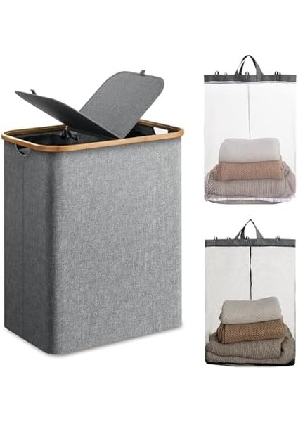 Çift Bölmeli Çamaşır Sepeti, 100L Kapasiteli, Bambu Kenarlı, Su Geçirmez Kumaş, Gri fiyatları