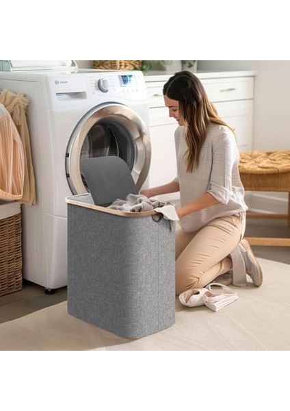 Çift Bölmeli Çamaşır Sepeti, 100L Kapasiteli, Bambu Kenarlı, Su Geçirmez Kumaş, Gri modelleri