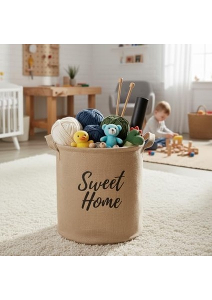 " " Yuvarlak Jüt Düzenleyici Sepet (Çap 32CM, Yükseklik 36CM) – Krem Renk Katlanabilir Kumaş Kulplu Organizer | Büyük Boy Oyuncak, Çamaşır, Battaniye ve Ev Tekstili Sepeti