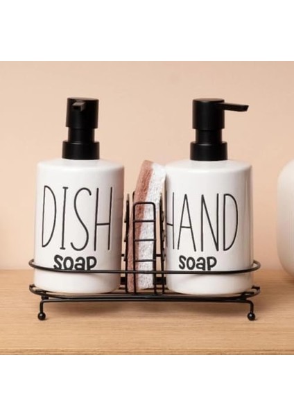 2&apos;li Sıvı Sabunluk ve Bulaşık Deterjanlık Seti, 500 Ml, Metal Stand ve Sünger Tutuculu, Siyah-Beyaz (Siyah) modelleri