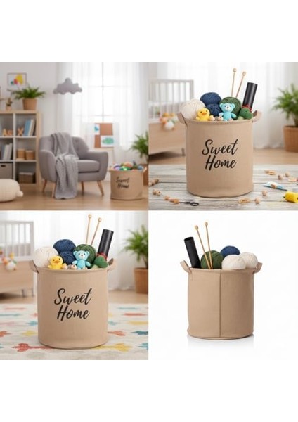 " " Yuvarlak Jüt Düzenleyici Sepet (Çap 32CM, Yükseklik 36CM) – Krem Renk Katlanabilir Kumaş Kulplu Organizer | Büyük Boy Oyuncak, Çamaşır, Battaniye ve Ev Tekstili Sepeti