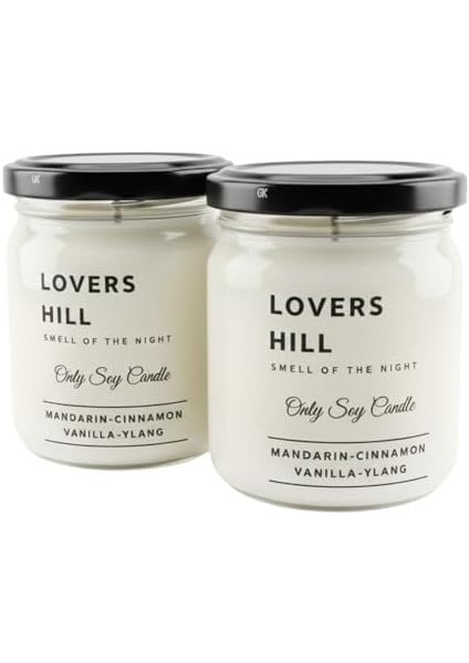 Lovers Hill 2’li Set Doğal Soya Mumu – 7oz Cam Kavanoz – 40+ Saat Yanma Süresi – Mandalina, Tarçın, Vanilya & Ylang Ylang Kokulu Mum – Parafin & Paraben Içermez – Aromaterapi & Hediye Mumu